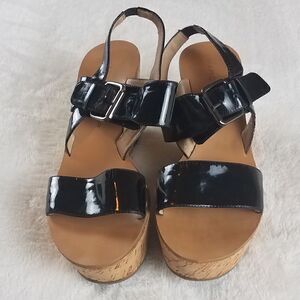 Marc Fisher MFORALIE2 Black Cork Wedge Sandals 8.5M